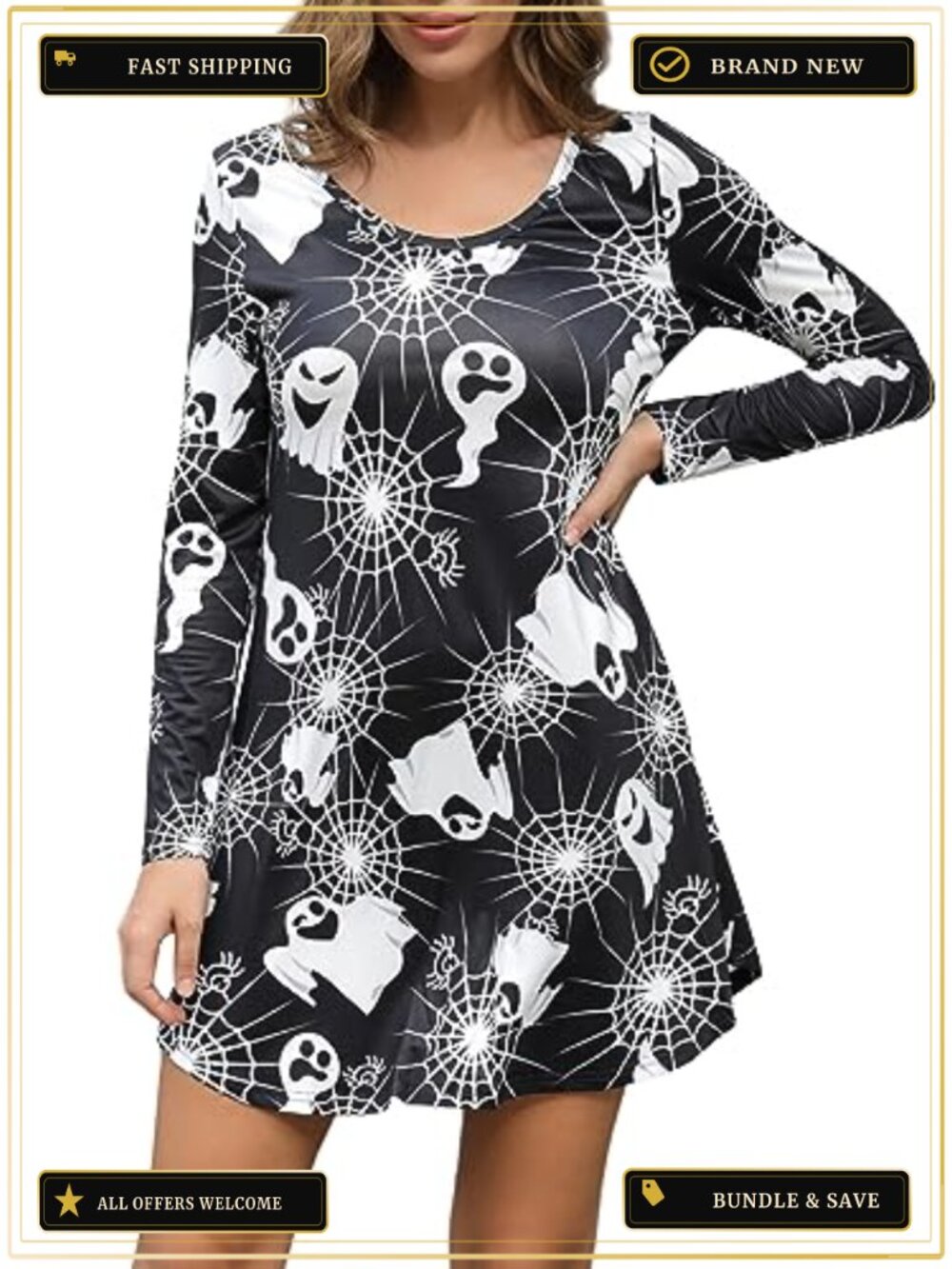 Women's Long Sleeve Halloween Print Swing Shift Tunic Dress